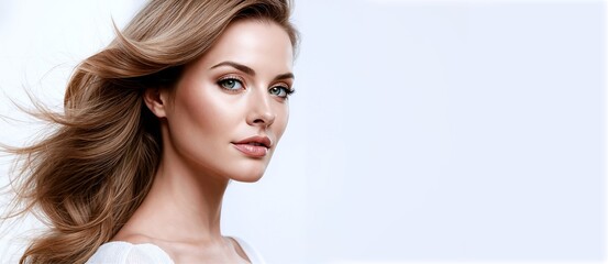 Close-up of a face of a beautiful woman with hairstyle and make up,  blank copy space for your text on the right. Beauty care, skin o hair care and spa salon concept