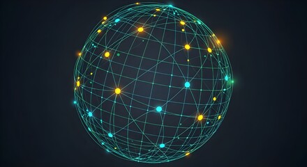 A sleek vector flat illustration of a glowing digital global network on a dark background. Interconnected lines and bright nodes form a stylized globe or grid, representing worldwide connectivity, 