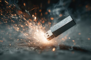 USB Flash Drive Ignites with Fiery Sparks, Symbolizing Data Overload and Digital Intensity.