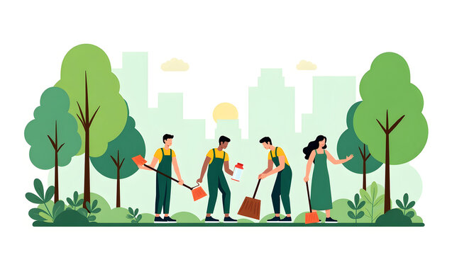 Ecology A volunteer group cleaning a city park, scene isolated on a white background, suitable for green action, environmental care, and community (3)