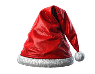 Single Red Christmas Hat with Fluffy White Trim, Isolated PNG