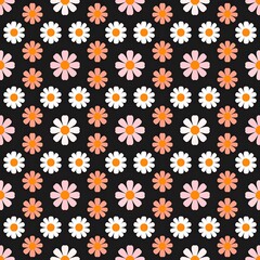 Obraz premium A repeating pattern of stylized daisies in shades of pink and orange on a black background.