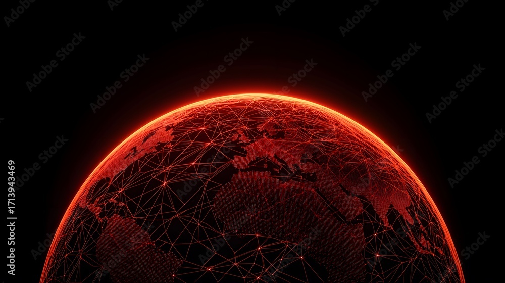 Poster the image shows a digitally rendered globe with a network of glowing red lines overlaid on the conti