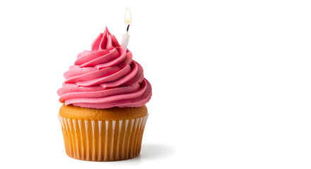 Single cupcake with swirl of pink frosting and a small birthday candle, isolated on clean white background, crisp product photography style.