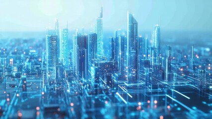 A futuristic city glows with blue light, featuring interconnected lines and tall buildings - Powered by Adobe