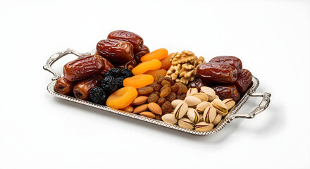 Small silver tray filled with assorted dry fruits and dates, perfectly isolated on pure white background, sharp studio lighting, upscale product photography.