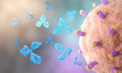 Antibody attack a cancer cell or bacterium, 3d illustration.