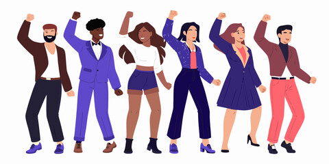 Diverse group of people raising their fists in unity and celebration against a white background