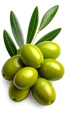 Close-up of fresh green olives with leaves