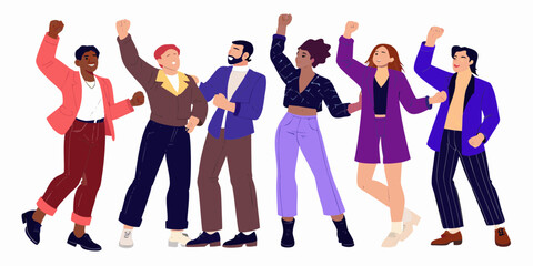 Diverse group of people standing together with fists raised in celebration and unity