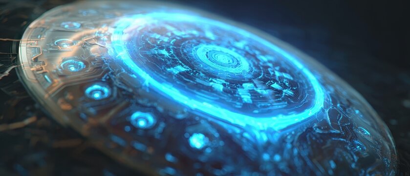 Vibrant Bioluminescent Alien Technology with Swirling Blue Energy Core and Intricate Patterns.