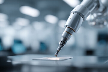 Precision robotic arm working on a microchip. Symbolizes automation, engineering, hightech industry, and advanced manufacturing processes. Conceptual for innovation and progress.