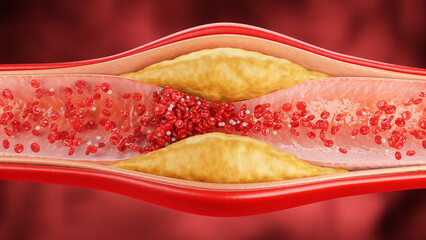 3d illustration of narrowed blood vessel due to atherosclerosis, Symptoms of high cholesterol in the blood
