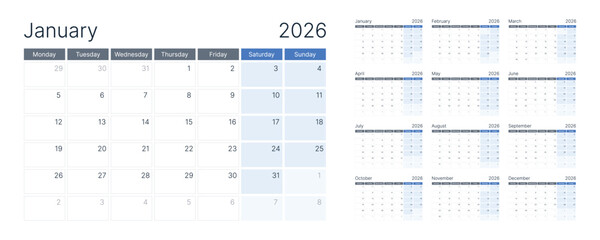 2026 Modern Calendar Planner Set of Template Monthly Page.
Clean and Minimalist Style, Week Starts on Monday. For wall, Desk, or Digital planners and corporate Branding. Page for size A4