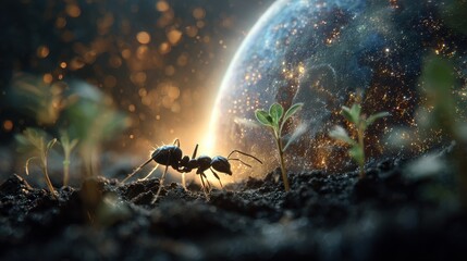Two Ants Facing Each Other with Glowing Planet and Bokeh Background.