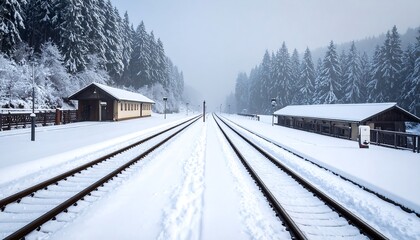 Snowy train tracks through a winter forest