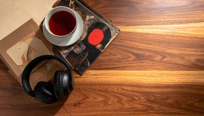 A flat-lay photo on a mid-century walnut table showing a vintage vinyl record, a cup of tea, and headphones, capturing a moment of relaxing with music