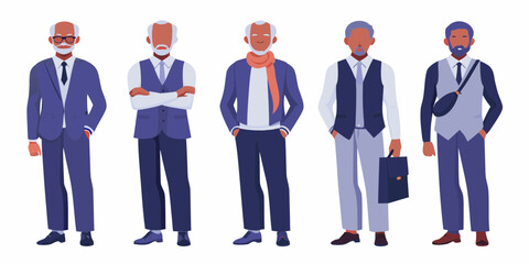 Diverse group of five stylish elderly men in suits and professional attire standing together