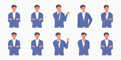Collection of business man poses showing different emotions and thinking gestures