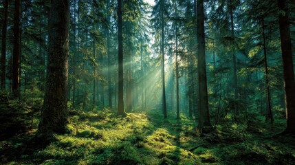 Fototapeta premium Sunlit Forest Canopy - Serene Rays Piercing Through Dense Greenery, Natures Embrace.