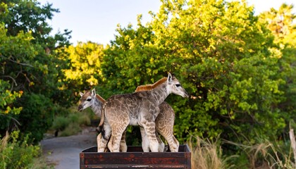 Three young giraffes in a wooden crate