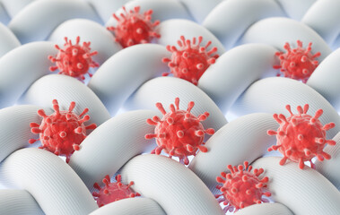 Close up of Red bacteria are found in the fibers of the fabricม 3d rendering.