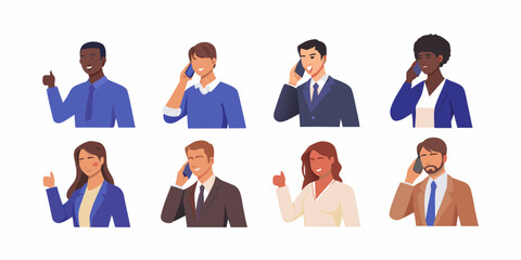 Diverse group of business professionals talking on cell phones and giving a thumbs up gesture