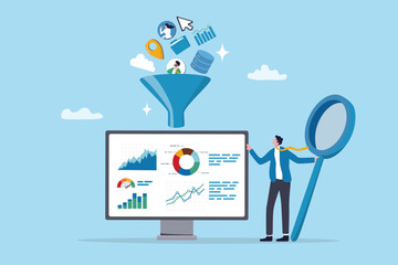 Data quality to process to insight, research or market analysis, verification or validation process on survey data information, businessman validate data to process graph chart diagram on computer.