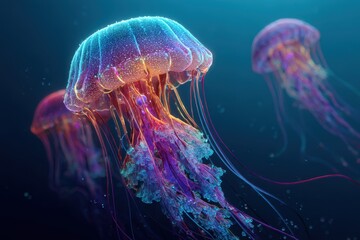 Vibrant Jellyfish Bloom in Underwater Aquarium.