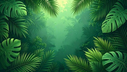 An enchanting view deep into a verdant, foggy tropical jungle, framed by lush palm and monstera leaves