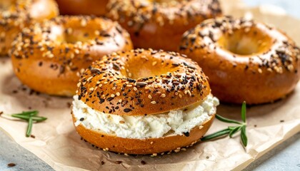 Assorted bagels with seeds and cream cheese on parchment over wooden surface