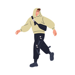 Young man walking in casual modern style outfit. Male in hoodie with cross-body bag, going, looking back and smiling. Urban fashion, street wear. Flat vector illustration isolated on white background