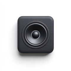 Obraz premium A matte black square speaker with a centered circular woofer, subtly shadowed against a stark white background