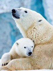 Fototapeta premium Polar bear mother nurturing her cub in arctic landscape wildlife photography cold environment close-up view