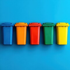 Vibrant Row of Colorful Recycling Bins Against a Bold Blue Background, Minimalist Composition.