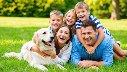 Fototapeta premium Family enjoying a fun day outdoors with their dog in a lush park setting capturing joyful moments
