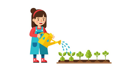 A young girl in overalls watering a row of small green plants in a garden bed with a yellow watering can.