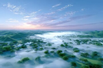 Fototapeta premium 白と緑の風景の中に広がる朝霧の穏やかな眺め