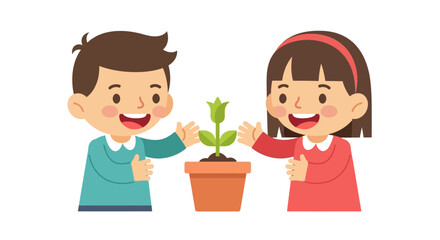 Two children looking at a small plant in a pot.