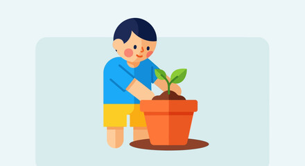 A young boy tenderly plants a seedling in a terracotta pot.