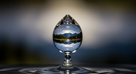 A clear droplet reflects a serene mountain landscape.