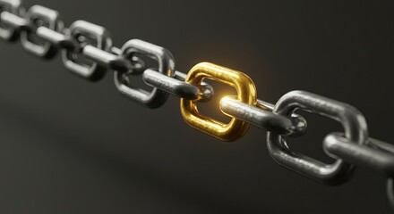 Obraz premium Metal chain with a single gold link standing out from the silver links.