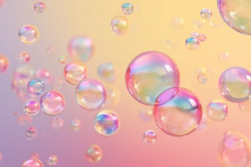 Floating Iridescent Bubbles Against a Gradient Background, Featuring Soft Rainbow Hues, Ideal for Concepts of Playfulness, Creativity, and Joyful Designs Used by Art Businesses and Marketing Creatives