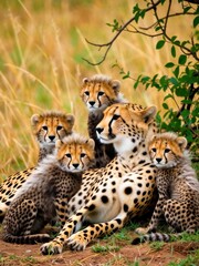 Obraz premium Cheetah family playing in nature african savannah wildlife photography warm environment close-up view family dynamics