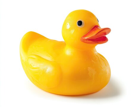 A bright yellow rubber duck toy, slightly wet, sits on a white background, showcasing its smooth, rounded form and simple design - Powered by Adobe