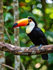 Obraz premium Tropical toucan perched on tree branch lush jungle wildlife photography natural habitat close-up perspective