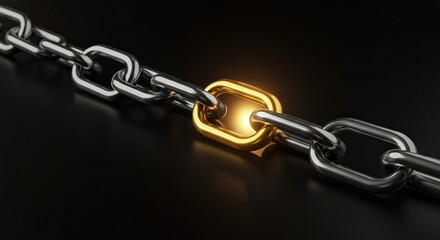 Obraz premium A close-up of a metallic chain with one golden link, symbolizing uniqueness.