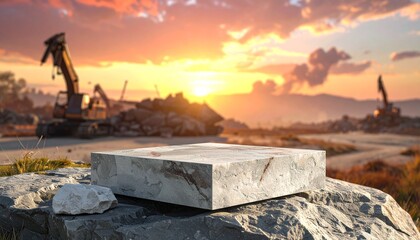 Stone platform atop rock at sunset construction site