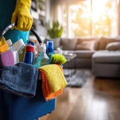Cleaning Supplies In Blue Bucket In Living Room