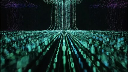 Dynamic digital data stream flowing through futuristic cyberspace with glowing binary code creating an abstract technological landscape - Powered by Adobe